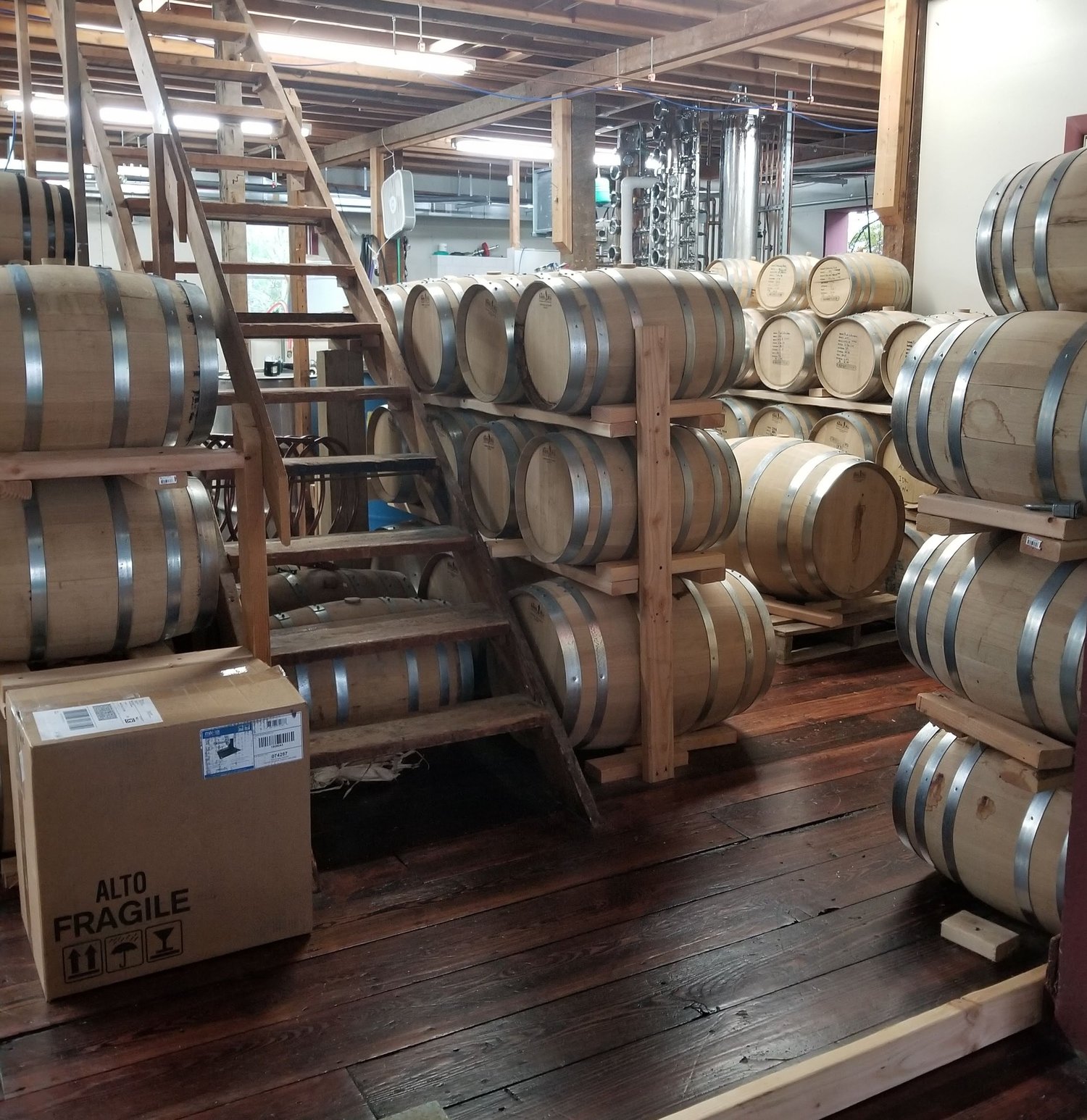 The hand-built wooden bar in the tasting room.