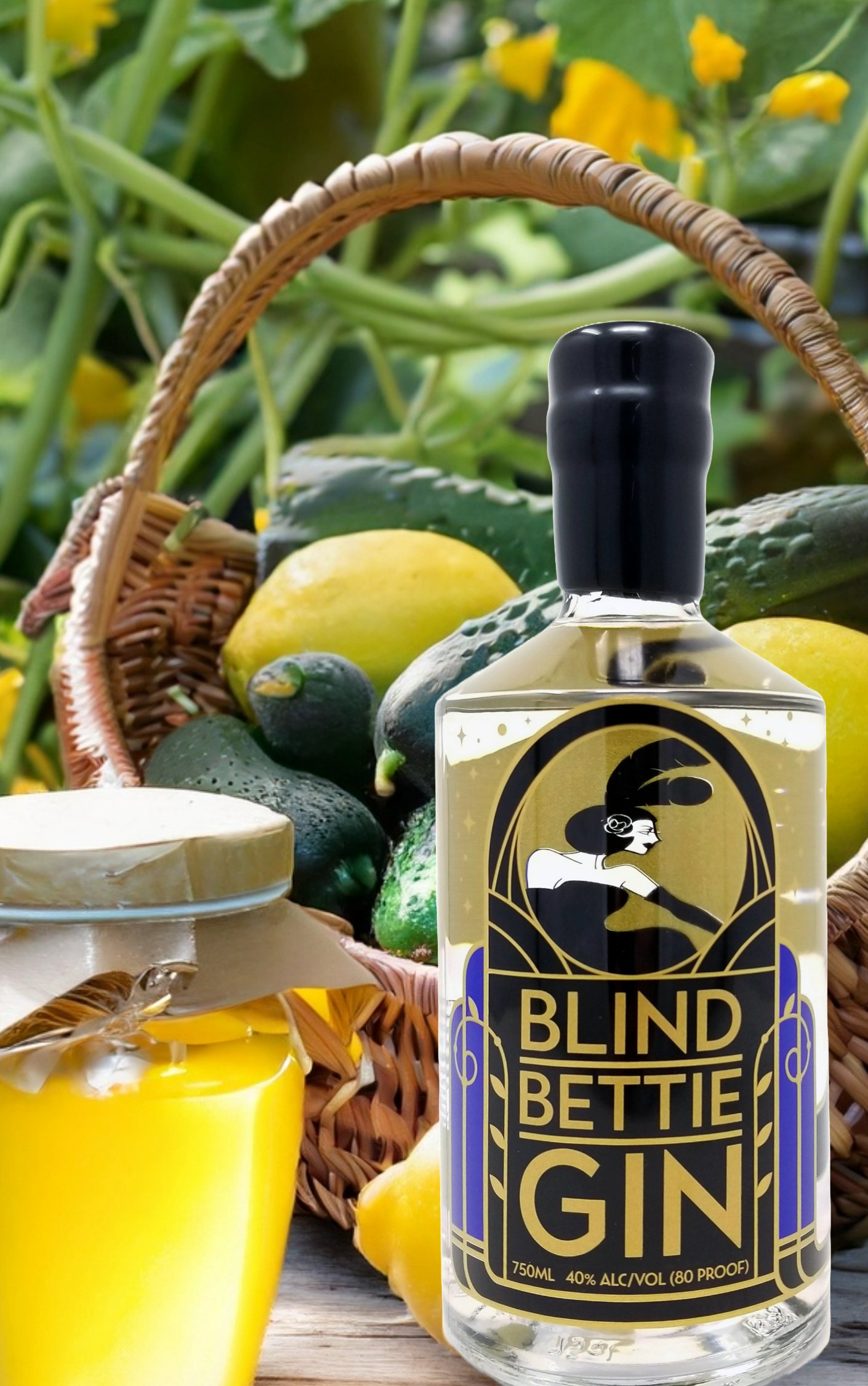 Blind Bettie Gin in a garden with cucumber on the label.