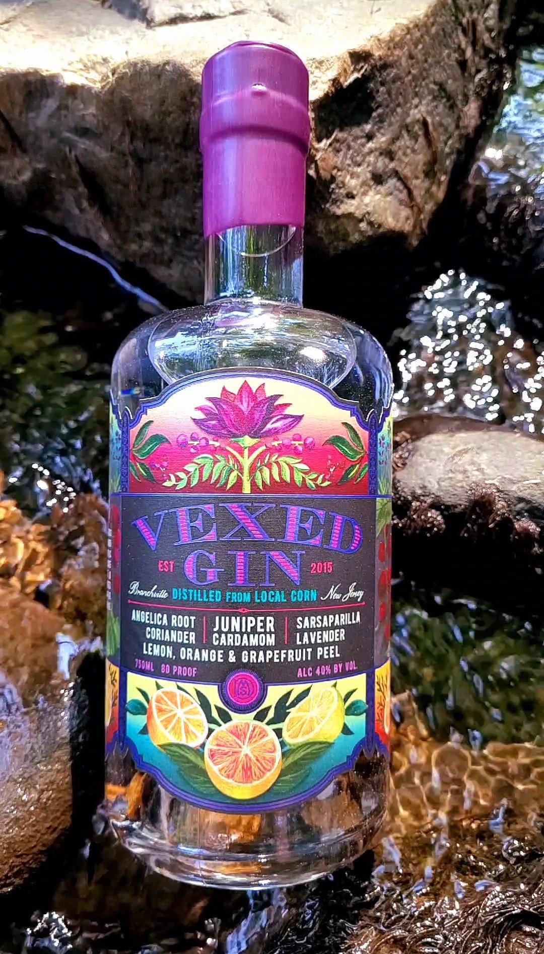 Vexed Gin bottle set against open water.